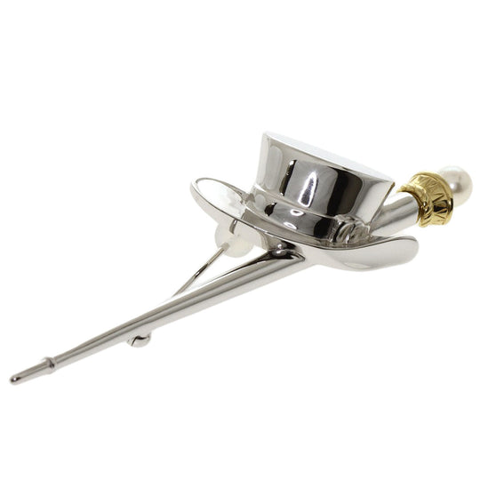 MIKIMOTO Brooch SV , K18YG Silver Top hat and walking stick motif Pearl Women Used Authentic