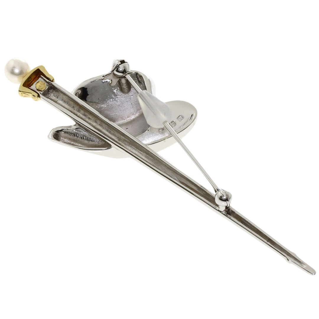 MIKIMOTO Brooch SV , K18YG Silver Top hat and walking stick motif Pearl Women Used Authentic