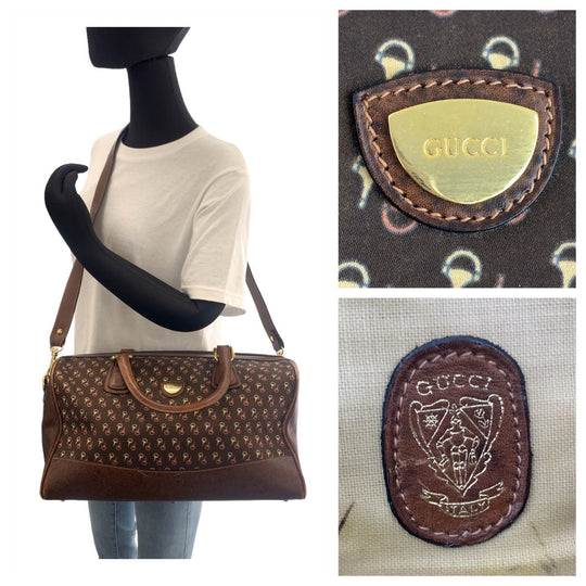 GUCCI Boston Duffel bag Nylon, Leather Brown Gold Metal Boston Duffel bag Crossbody Shoulder Bag 2way Old Gucci Horsebit Pattern Women Used Authentic