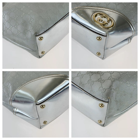 GUCCI Tote Bag 169945 GG canvas, leather Silver Metal Tote Bag Shoulder Bag Interlocking Newbrit Women Used Authentic