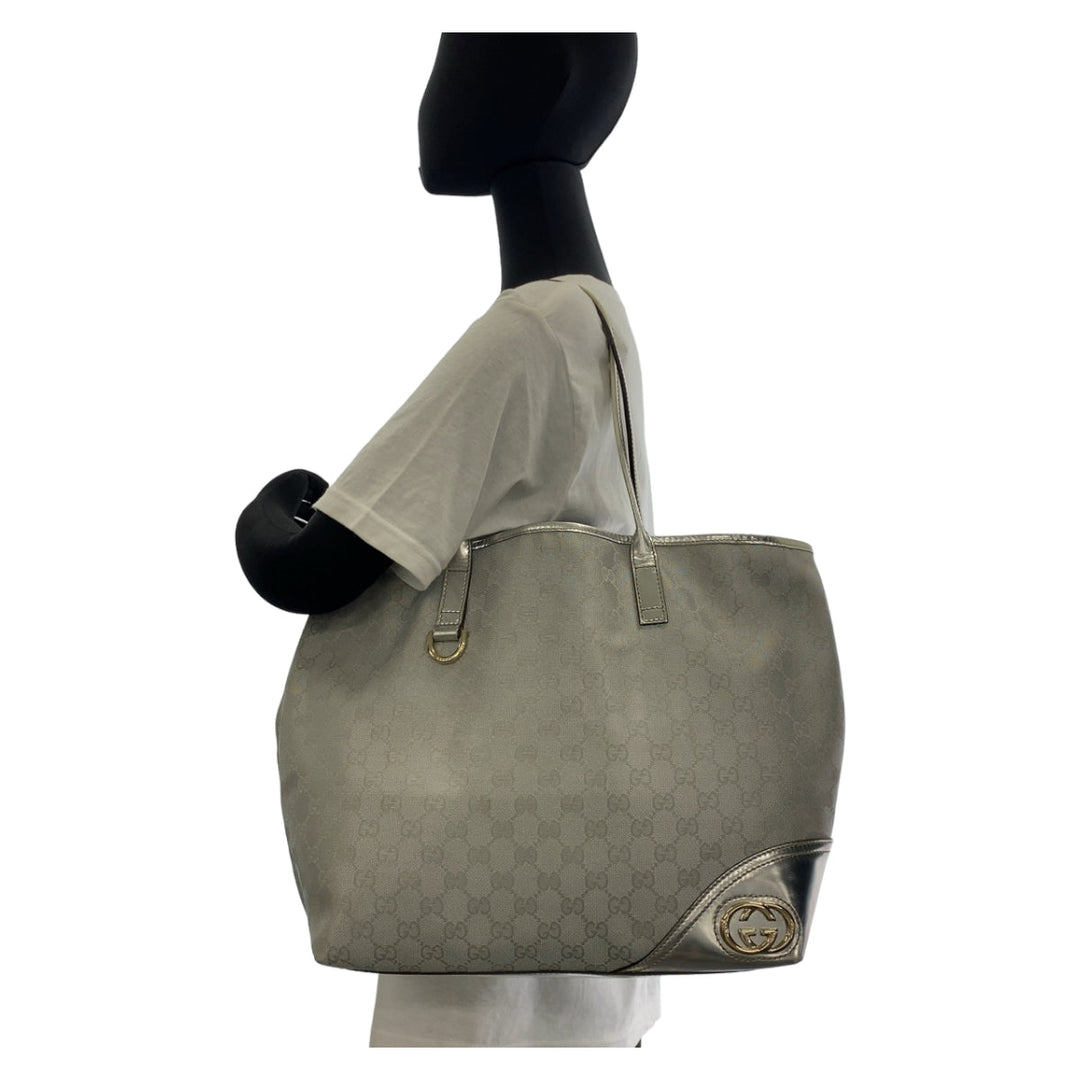 GUCCI Tote Bag 169945 GG canvas, leather Silver Metal Tote Bag Shoulder Bag Interlocking Newbrit Women Used Authentic