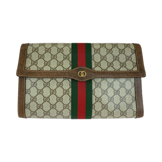 GUCCI Clutch bag GG Supreme canvas, leather Brown Gold Metal Clutch bag business bag unisex Old Gucci Shelly Line Interlocking Women Used Authentic