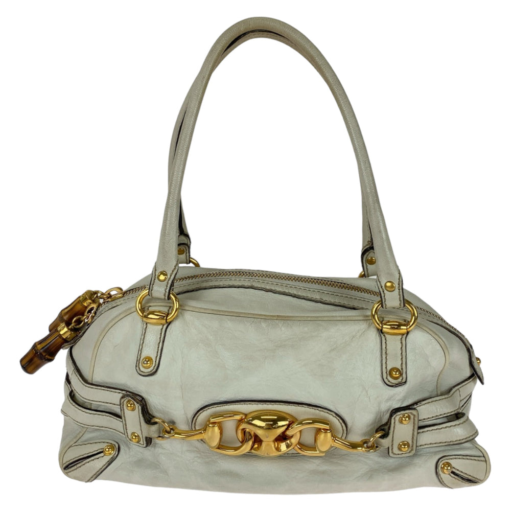 GUCCI Handbag 159399 leather White GoldMetal Handbag Shoulder Bag Bamboo Horsebit Women Used Authentic