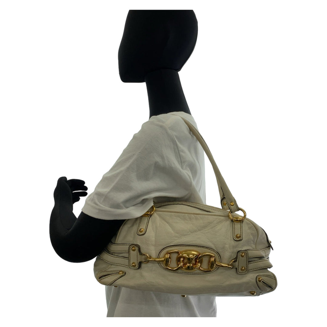 GUCCI Handbag 159399 leather White GoldMetal Handbag Shoulder Bag Bamboo Horsebit Women Used Authentic