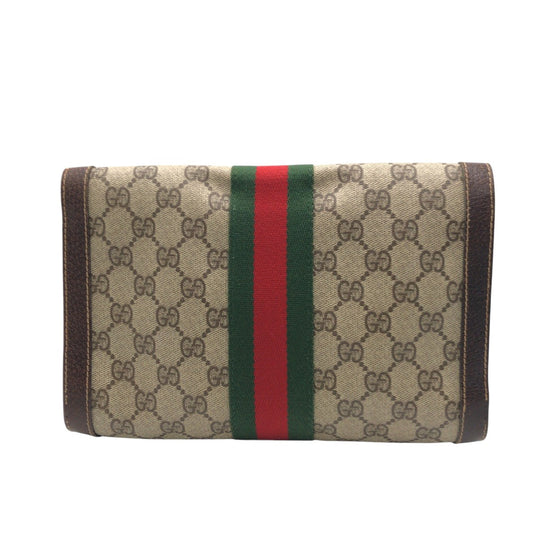 GUCCI Clutch bag GG Supreme Canvas Brown Gold Metal Clutch bag business bag Sherry line Women Used Authentic