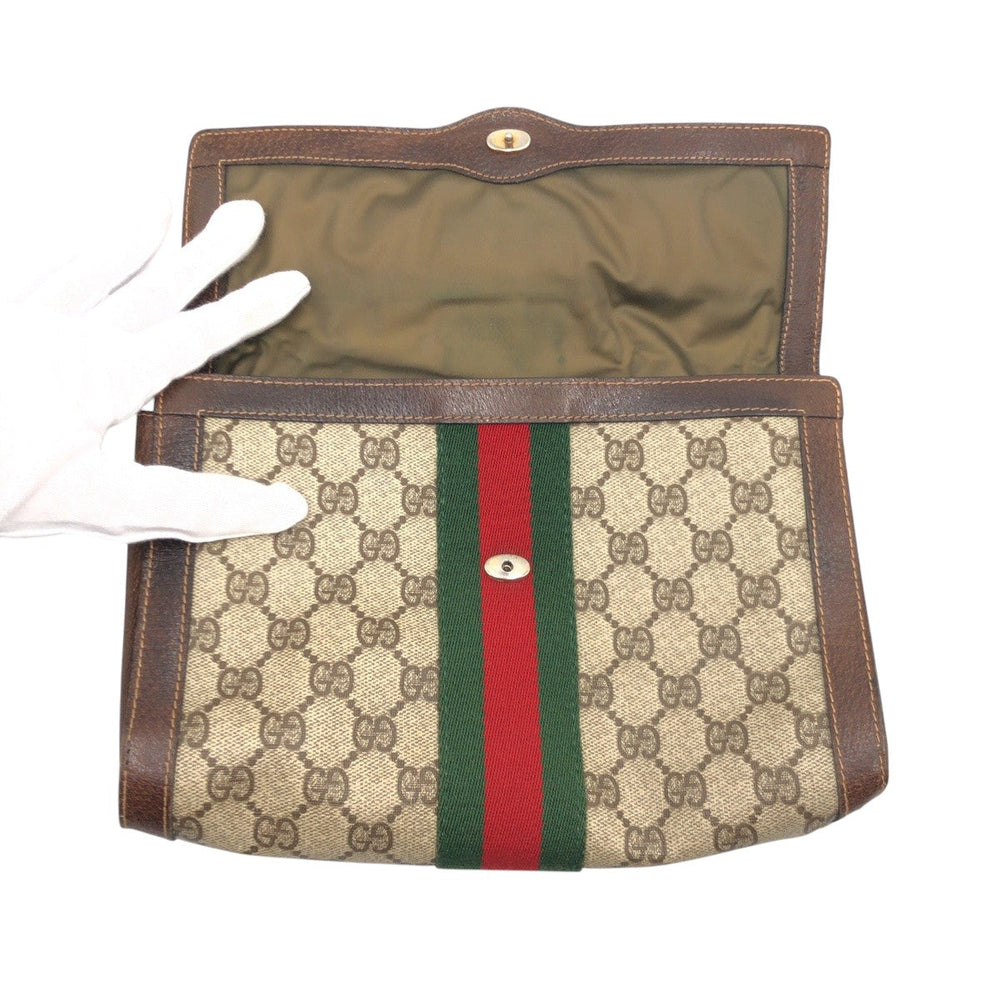 GUCCI Clutch bag GG Supreme Canvas Brown Gold Metal Clutch bag business bag Sherry line Women Used Authentic