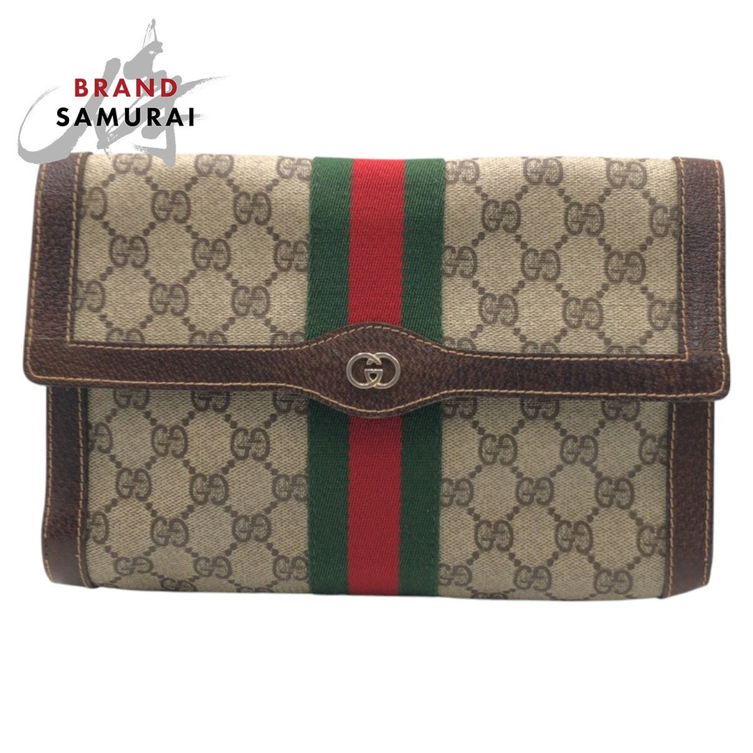 GUCCI Clutch bag GG Supreme Canvas Brown Gold Metal Clutch bag business bag Sherry line Women Used Authentic