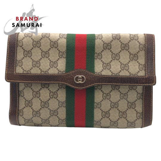 GUCCI Clutch bag GG Supreme Canvas Brown Gold Metal Clutch bag business bag Sherry line Women Used Authentic