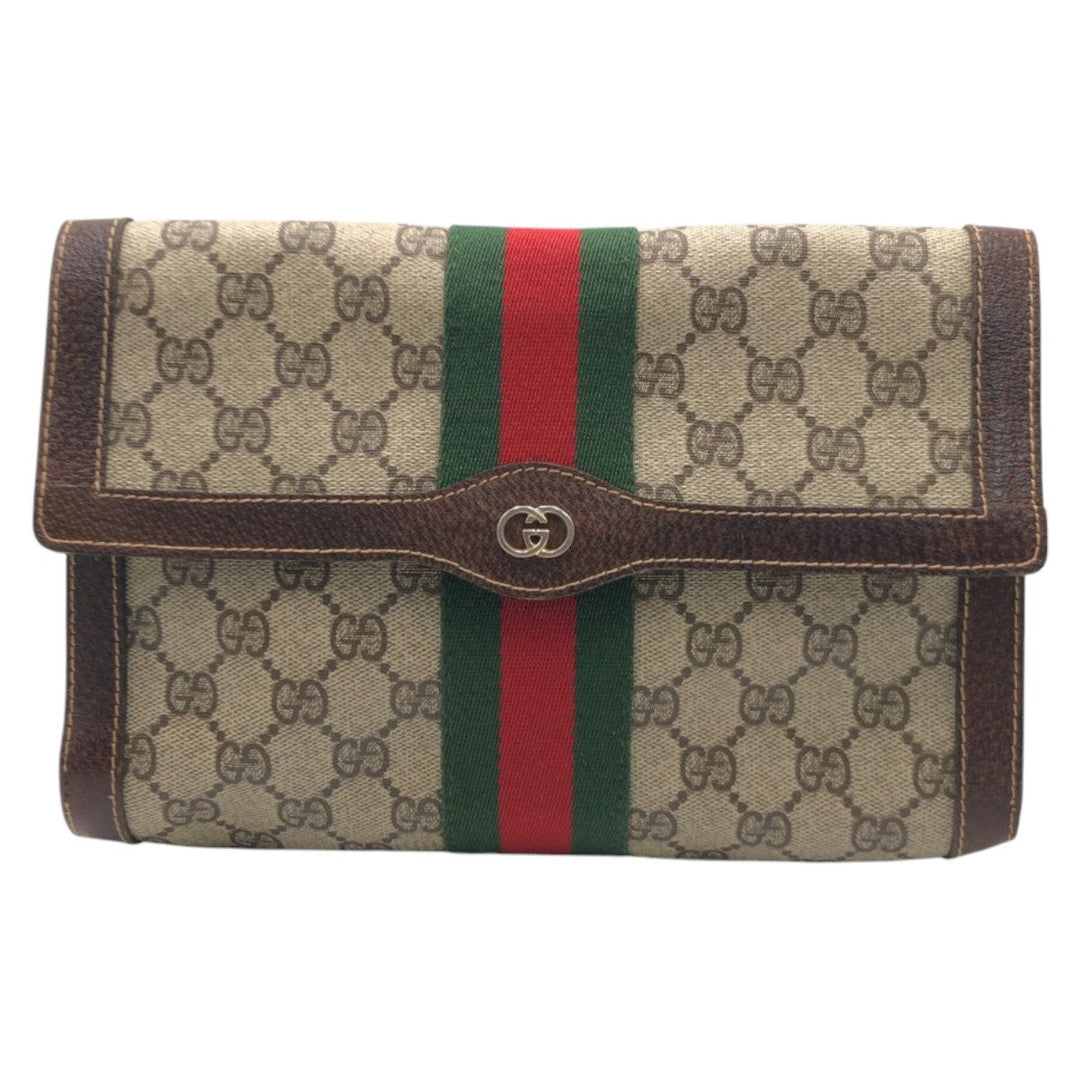 GUCCI Clutch bag GG Supreme Canvas Brown Gold Metal Clutch bag business bag Sherry line Women Used Authentic