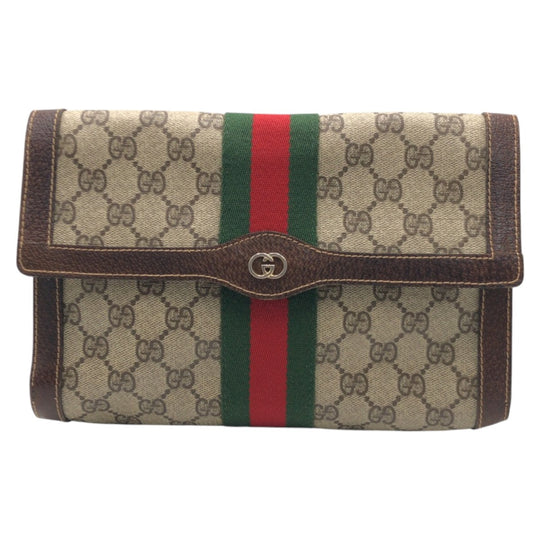 GUCCI Clutch bag GG Supreme Canvas Brown Gold Metal Clutch bag business bag Sherry line Women Used Authentic