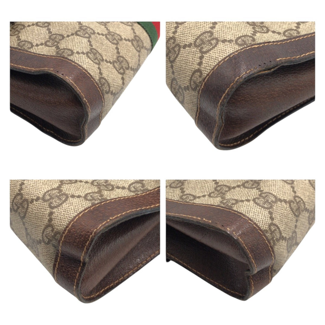 GUCCI Clutch bag GG Supreme Canvas Brown Gold Metal Clutch bag business bag Sherry line Women Used Authentic