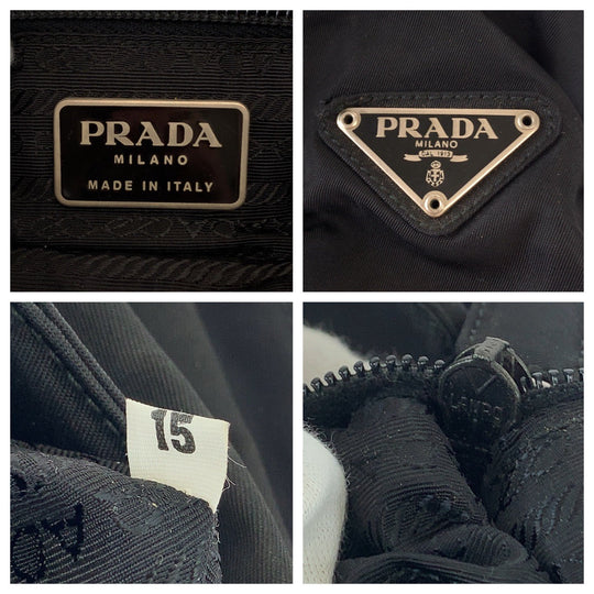PRADA Tote Bag Nylon Black Silver Metal Tote Bag handbag Test Triangle With logo Women Used Authentic