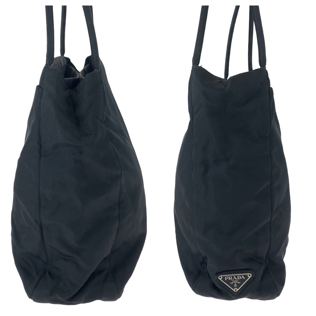 PRADA Tote Bag Nylon Black Silver Metal Tote Bag handbag Test Triangle With logo Women Used Authentic
