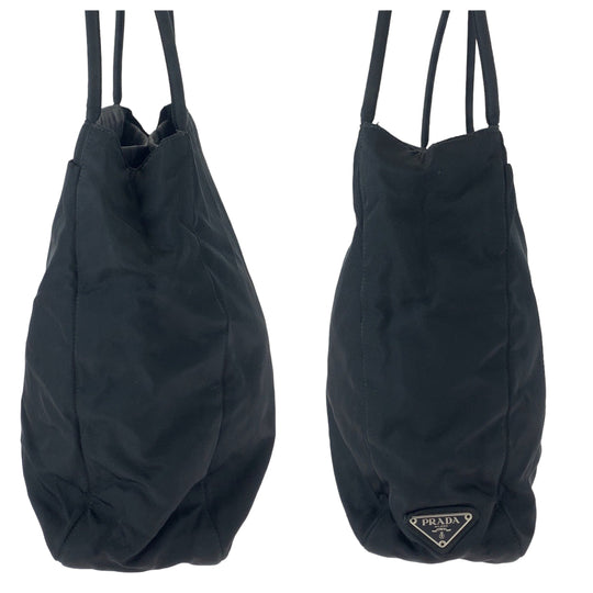 PRADA Tote Bag Nylon Black Silver Metal Tote Bag handbag Test Triangle With logo Women Used Authentic