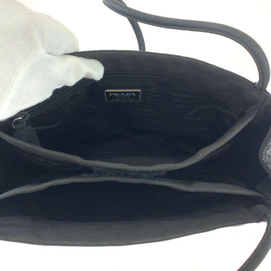 PRADA Tote Bag Nylon Black Silver Metal Tote Bag handbag Test Triangle With logo Women Used Authentic