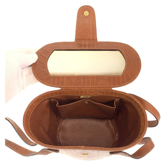 FENDI Handbag Patent leather Camel brown Handbag bucket bag Carving Women Used Authentic