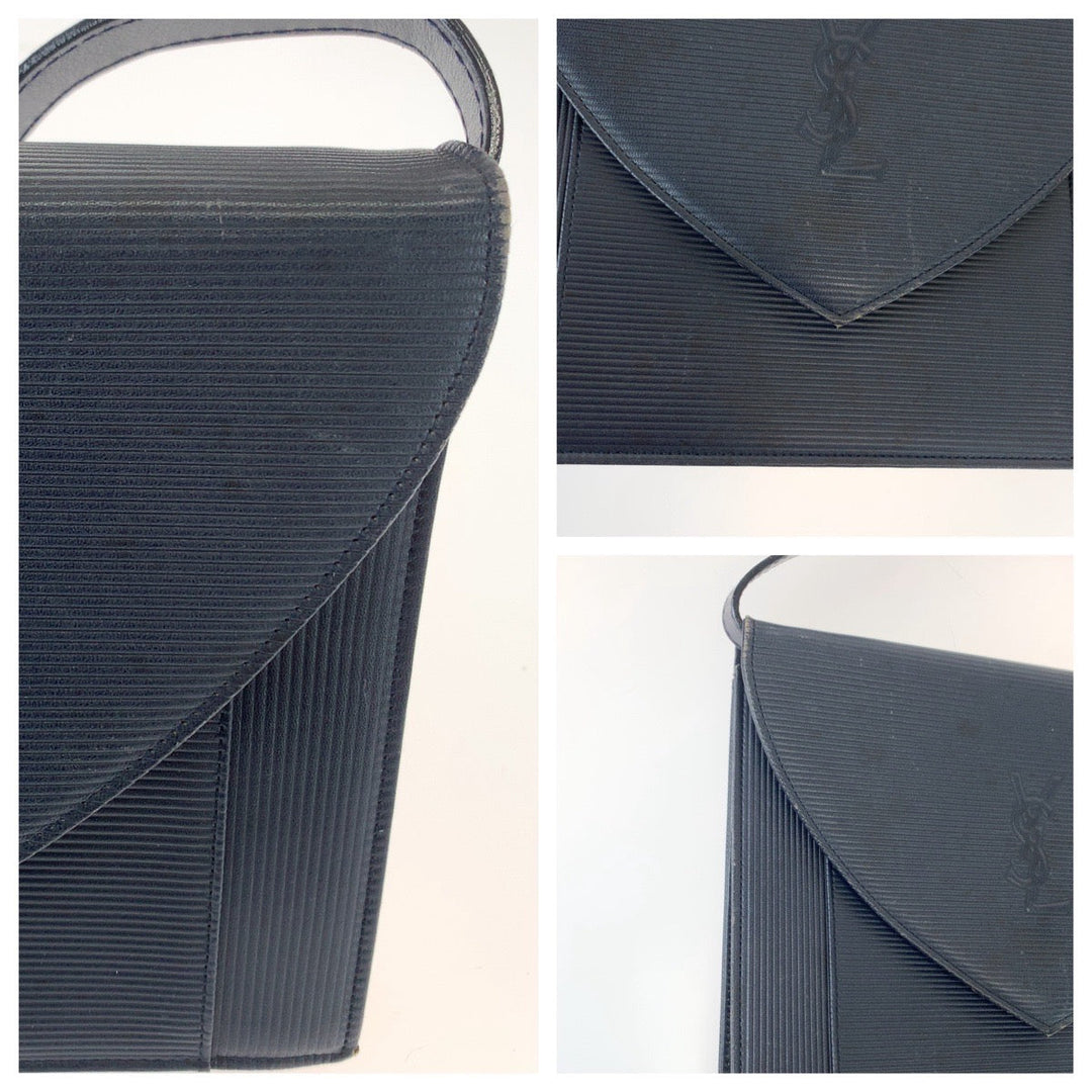 YVES SAINT LAURENT Shoulder Bag leather Black SilverMetal Shoulder Bag Shoulder Bag Logo embossed Women Used Authentic