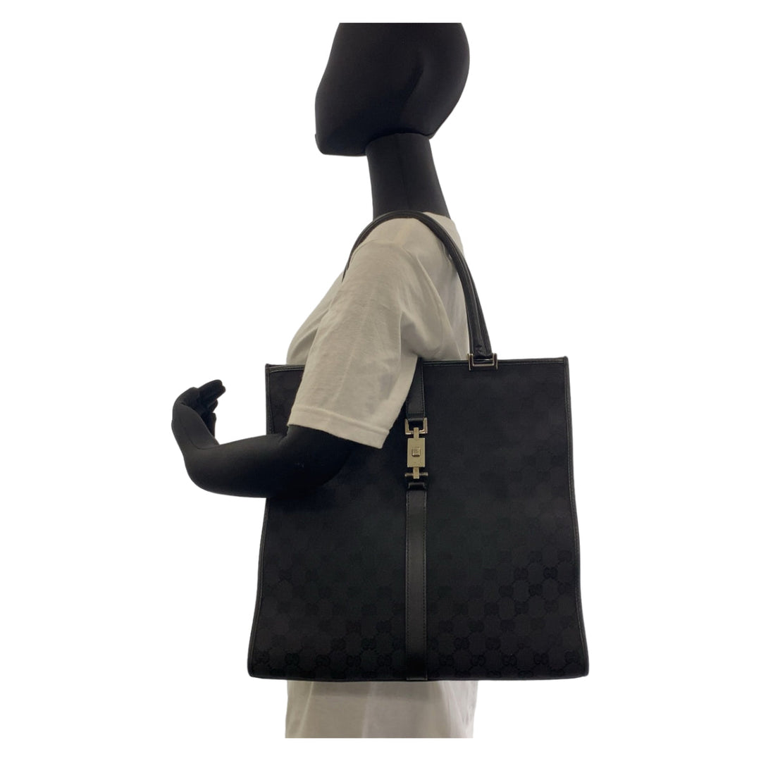 GUCCI Tote Bag 002 1064 GG canvas, leather Black SilverMetal Tote Bag handbag Jackie Women Used Authentic