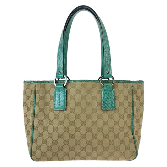 GUCCI Tote Bag 113019 GG canvas, leather Beige Green SilverMetal Tote Bag Shoulder Bag Handbag Women Used Authentic