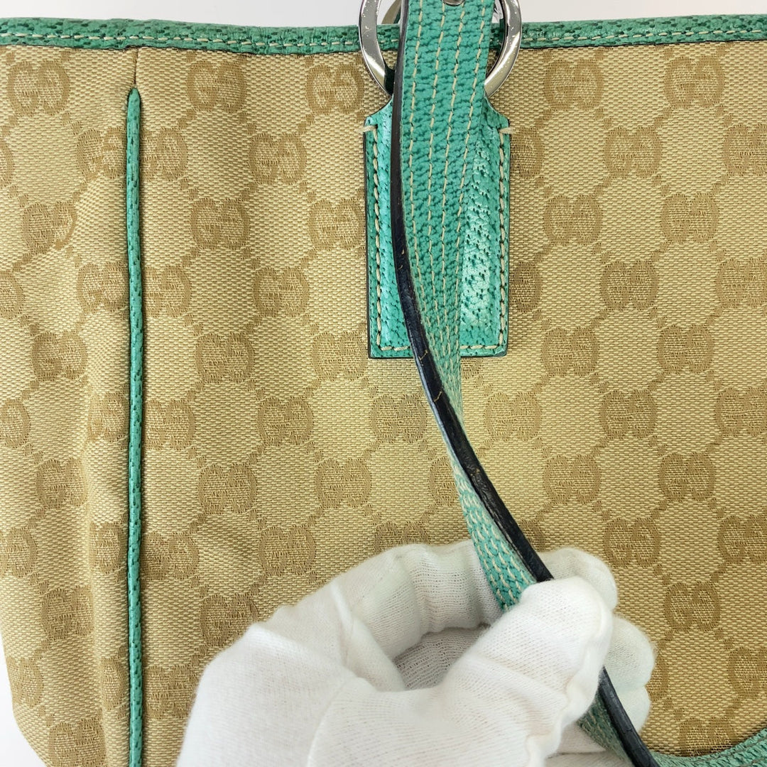 GUCCI Tote Bag 113019 GG canvas, leather Beige Green SilverMetal Tote Bag Shoulder Bag Handbag Women Used Authentic