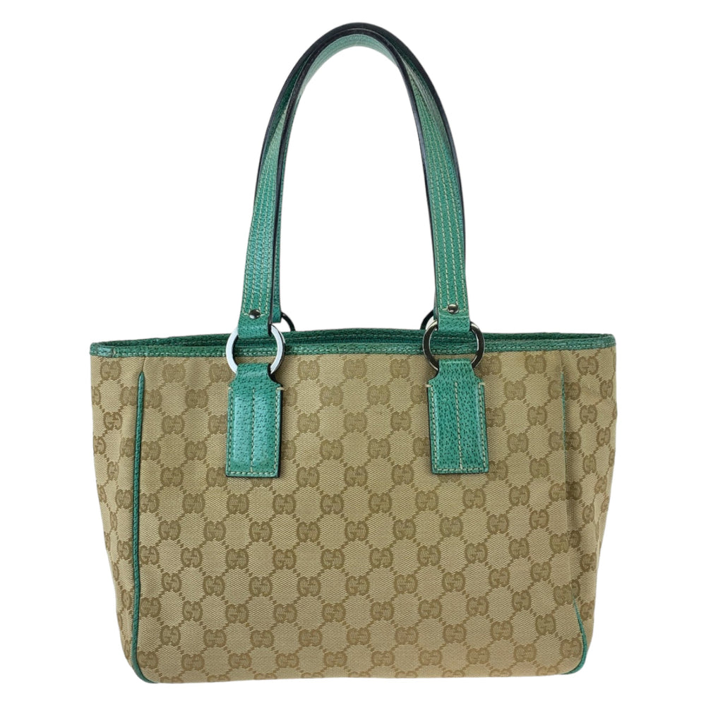 GUCCI Tote Bag 113019 GG canvas, leather Beige Green SilverMetal Tote Bag Shoulder Bag Handbag Women Used Authentic