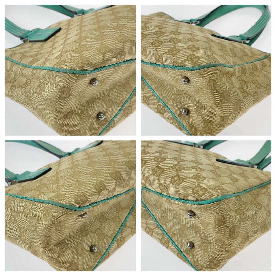 GUCCI Tote Bag 113019 GG canvas, leather Beige Green SilverMetal Tote Bag Shoulder Bag Handbag Women Used Authentic