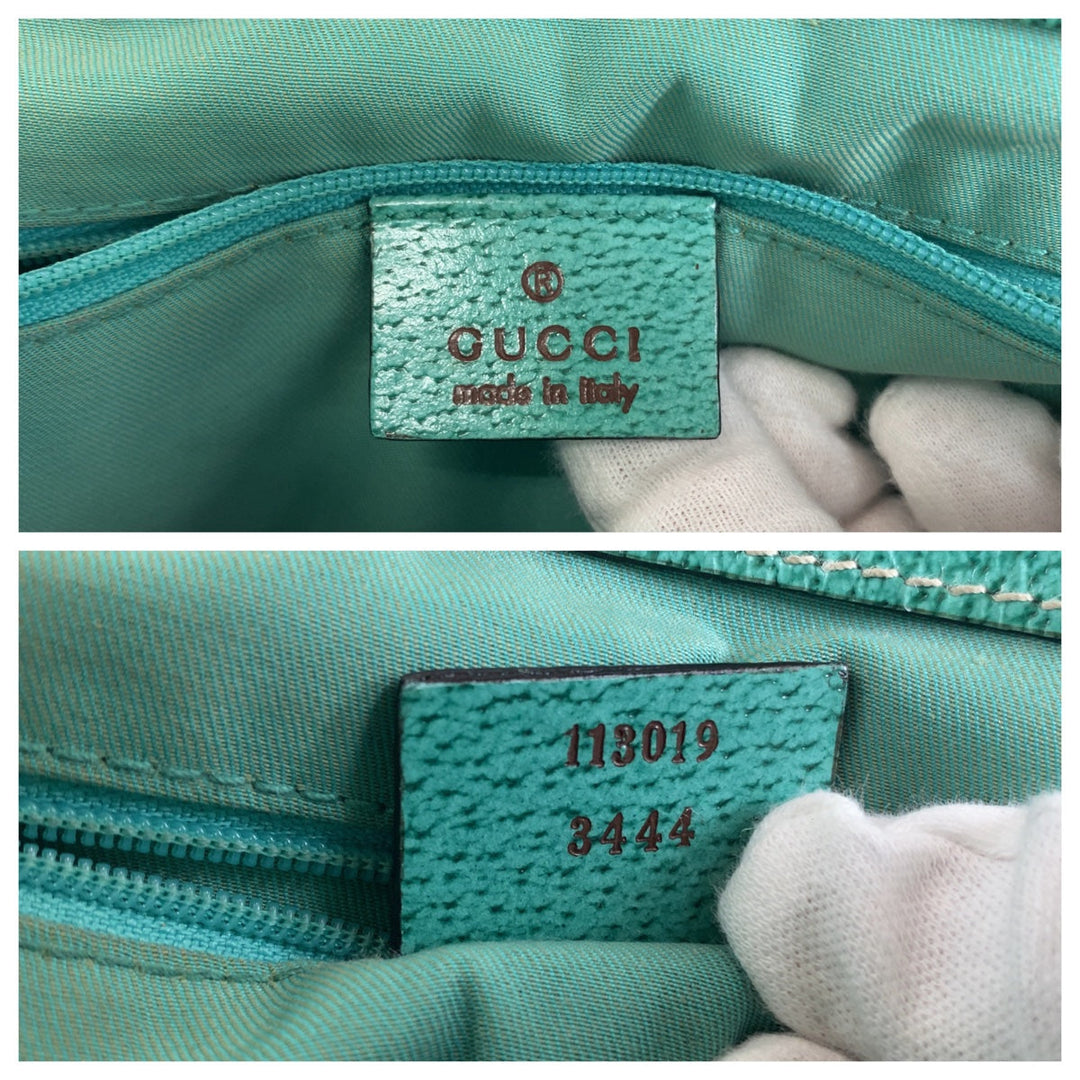 GUCCI Tote Bag 113019 GG canvas, leather Beige Green SilverMetal Tote Bag Shoulder Bag Handbag Women Used Authentic
