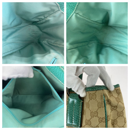 GUCCI Tote Bag 113019 GG canvas, leather Beige Green SilverMetal Tote Bag Shoulder Bag Handbag Women Used Authentic