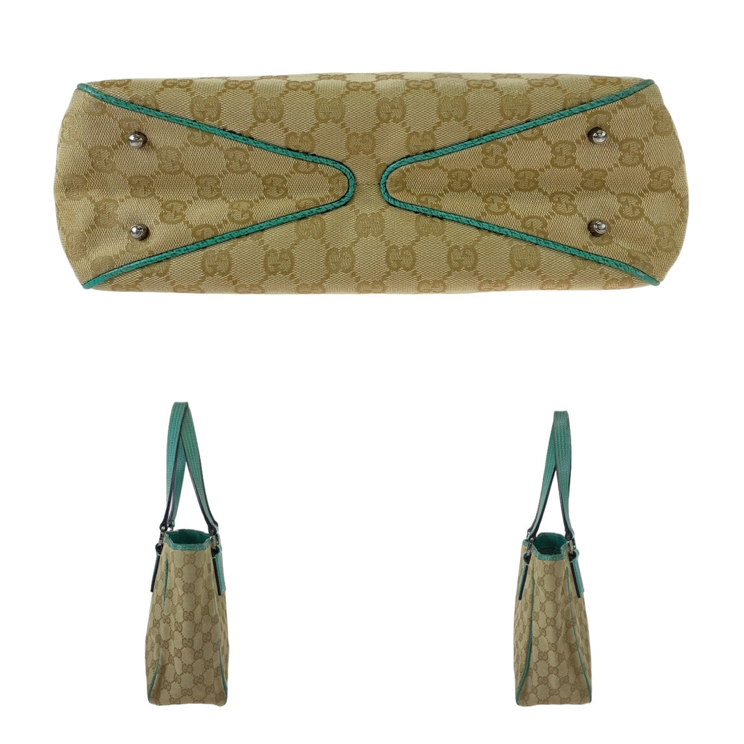 GUCCI Tote Bag 113019 GG canvas, leather Beige Green SilverMetal Tote Bag Shoulder Bag Handbag Women Used Authentic