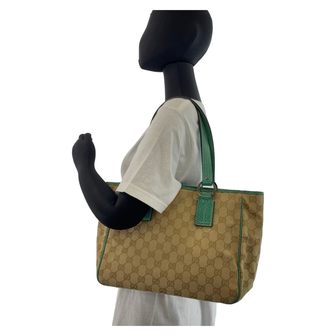 GUCCI Tote Bag 113019 GG canvas, leather Beige Green SilverMetal Tote Bag Shoulder Bag Handbag Women Used Authentic