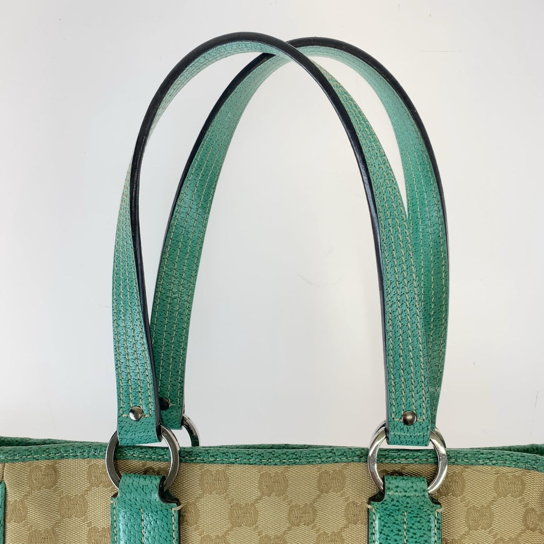 GUCCI Tote Bag 113019 GG canvas, leather Beige Green SilverMetal Tote Bag Shoulder Bag Handbag Women Used Authentic
