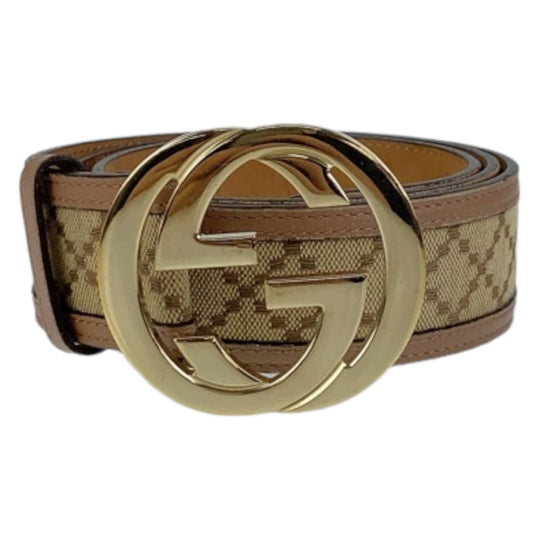 GUCCI belt 114876 Canvas, Leather Beige Brown Gold Metal Interlocking mens 34 Used Authentic