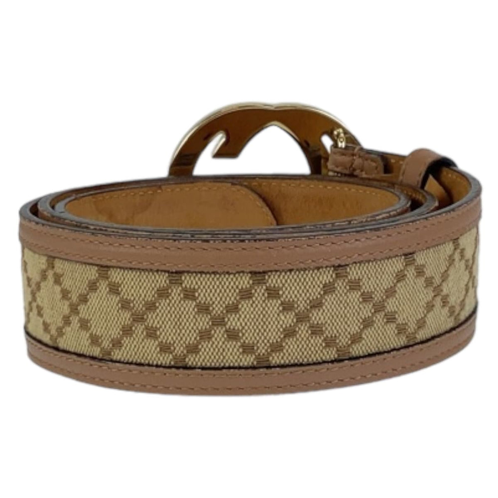 GUCCI belt 114876 Canvas, Leather Beige Brown Gold Metal Interlocking mens 34 Used Authentic