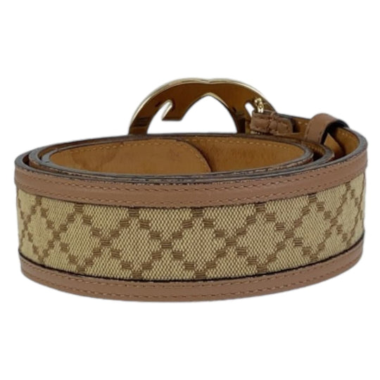 GUCCI belt 114876 Canvas, Leather Beige Brown Gold Metal Interlocking mens 34 Used Authentic
