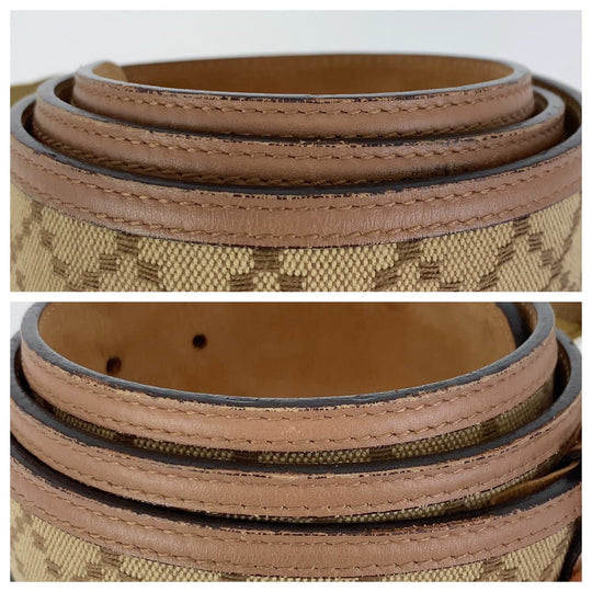 GUCCI belt 114876 Canvas, Leather Beige Brown Gold Metal Interlocking mens 34 Used Authentic