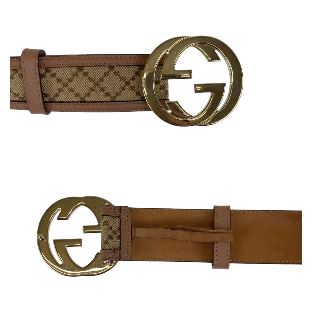GUCCI belt 114876 Canvas, Leather Beige Brown Gold Metal Interlocking mens 34 Used Authentic