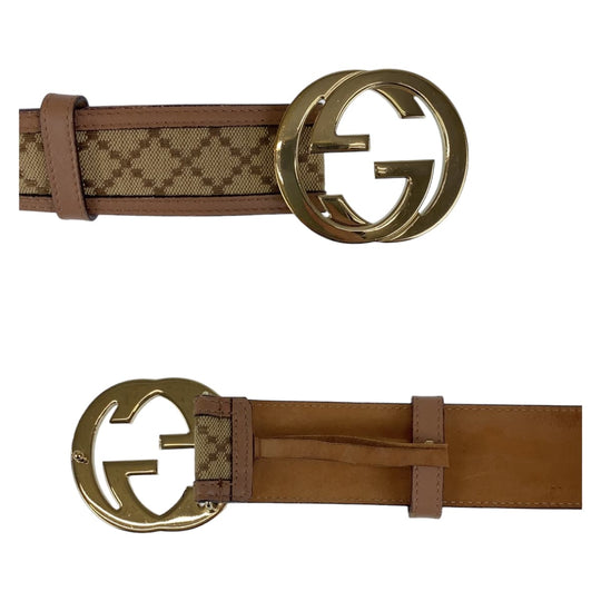 GUCCI belt 114876 Canvas, Leather Beige Brown Gold Metal Interlocking mens 34 Used Authentic
