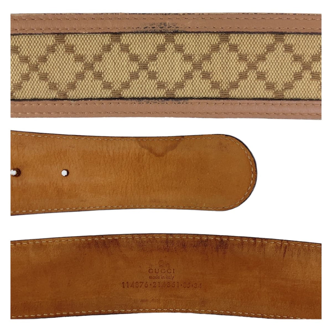 GUCCI belt 114876 Canvas, Leather Beige Brown Gold Metal Interlocking mens 34 Used Authentic