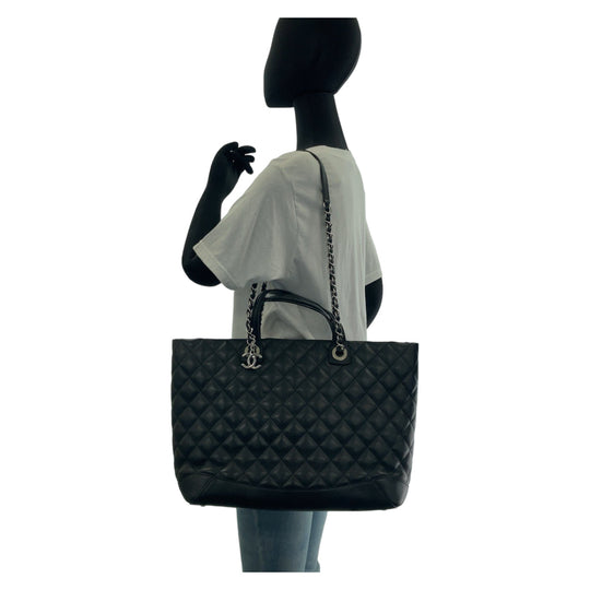 CHANEL Tote Bag lambskin Black SilverMetal Tote Bag ChainShoulder Bag Matrasse COCO Mark Women Used Authentic