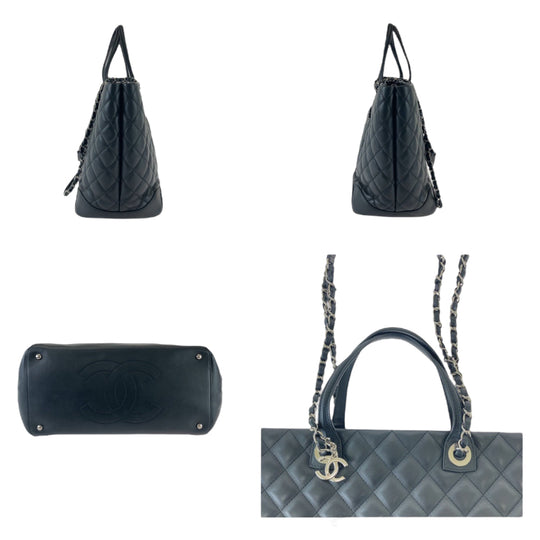 CHANEL Tote Bag lambskin Black SilverMetal Tote Bag ChainShoulder Bag Matrasse COCO Mark Women Used Authentic