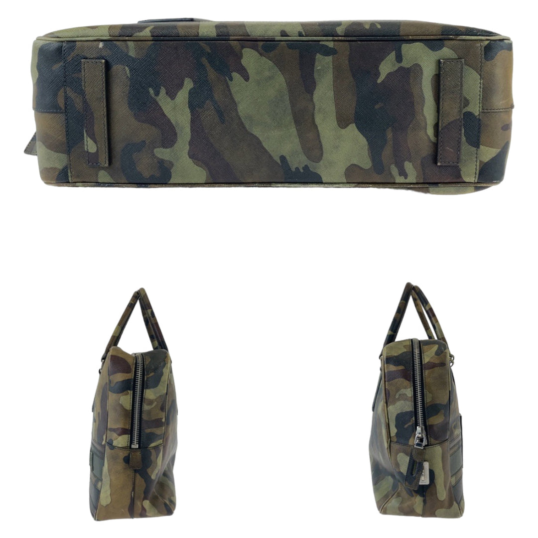 PRADA Business bag leather Green SilverMetal Business bag, briefcase, A4 storage Saffiano Camouflage mens Used Authentic