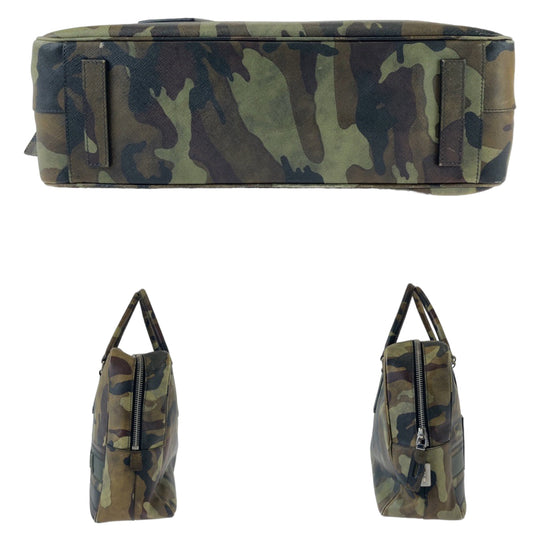 PRADA Business bag leather Green SilverMetal Business bag, briefcase, A4 storage Saffiano Camouflage mens Used Authentic