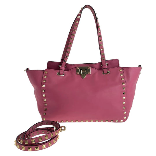 VALENTINO Handbag leather Pink Gold Metal Handbag Shoulder Bag 2way Rock studs Women Used Authentic