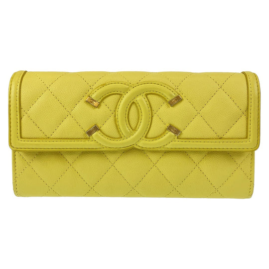 CHANEL Long Wallet Purse Caviar skin Yellow Gold Metal Long Wallet Purse CC filigree Women Used Authentic