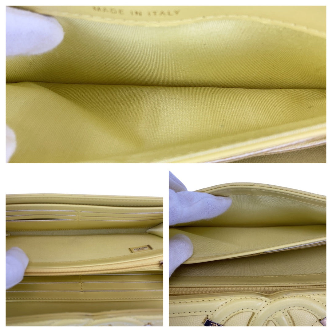 CHANEL Long Wallet Purse Caviar skin Yellow Gold Metal Long Wallet Purse CC filigree Women Used Authentic