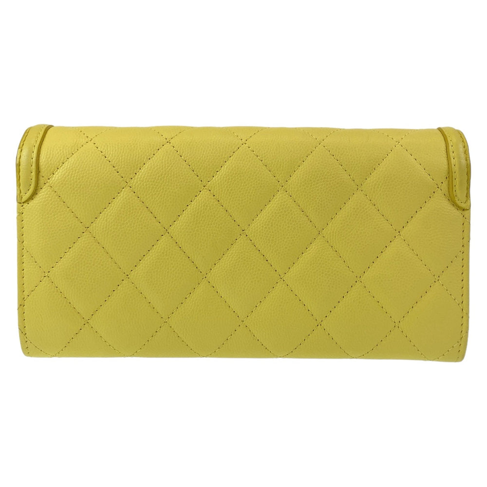 CHANEL Long Wallet Purse Caviar skin Yellow Gold Metal Long Wallet Purse CC filigree Women Used Authentic