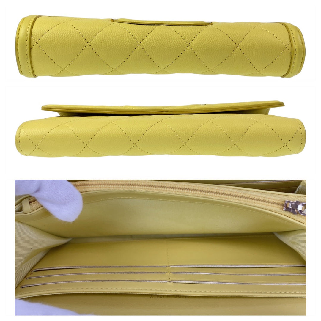 CHANEL Long Wallet Purse Caviar skin Yellow Gold Metal Long Wallet Purse CC filigree Women Used Authentic