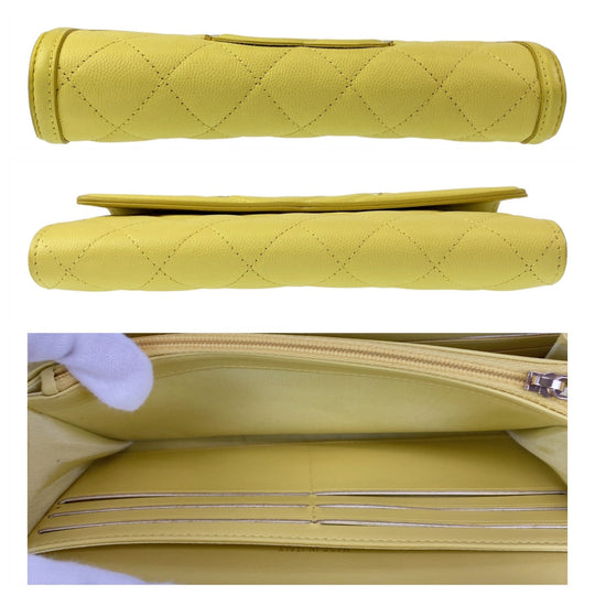 CHANEL Long Wallet Purse Caviar skin Yellow Gold Metal Long Wallet Purse CC filigree Women Used Authentic