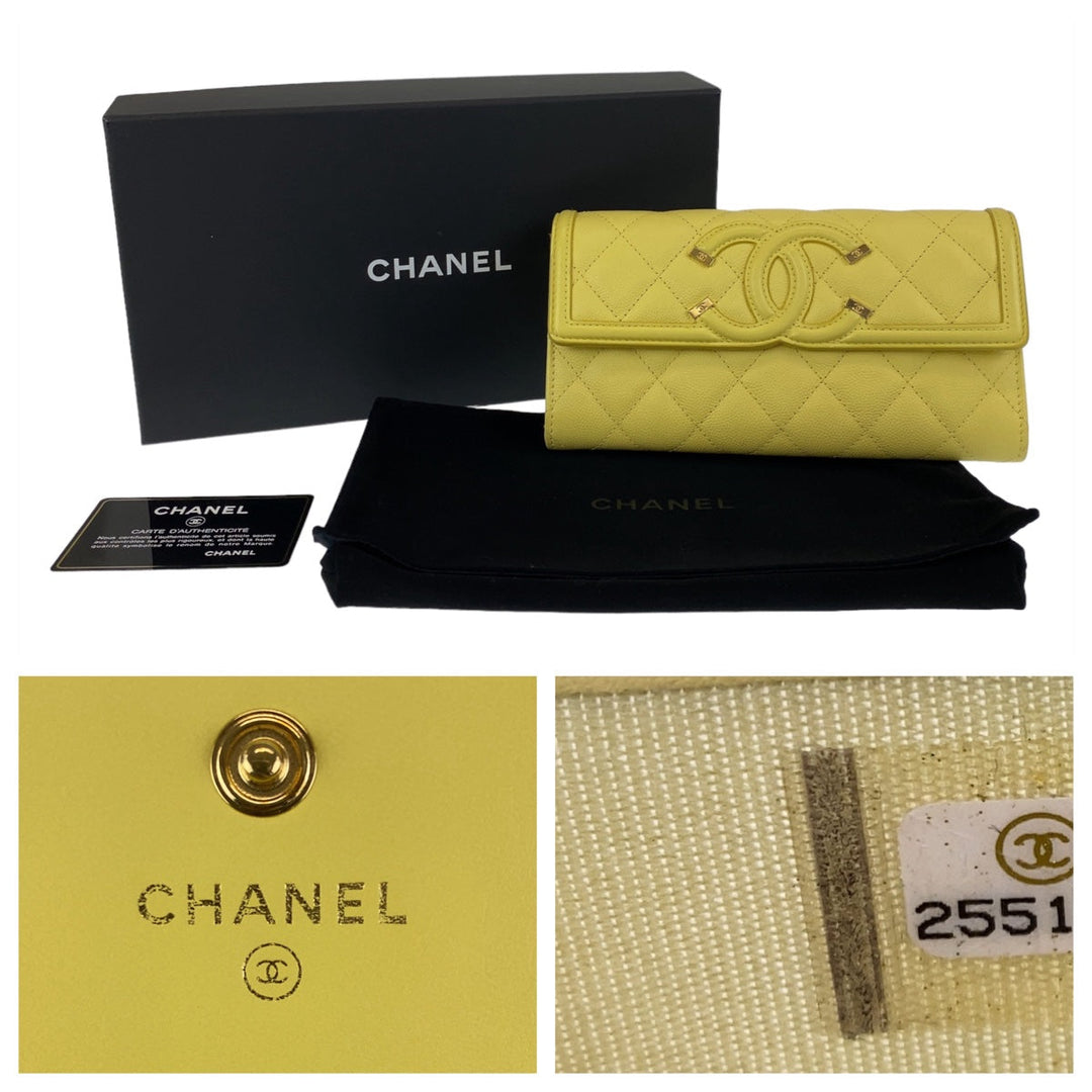 CHANEL Long Wallet Purse Caviar skin Yellow Gold Metal Long Wallet Purse CC filigree Women Used Authentic