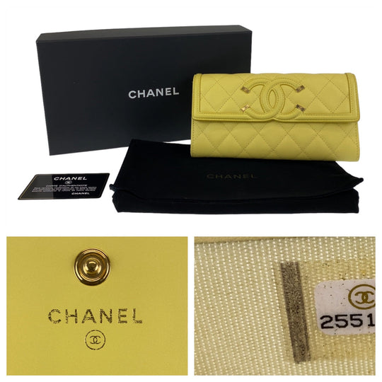 CHANEL Long Wallet Purse Caviar skin Yellow Gold Metal Long Wallet Purse CC filigree Women Used Authentic